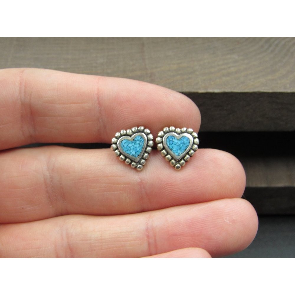 Sterling Silver Cute Turquoise Chip Inlay Heart Stud Earrings